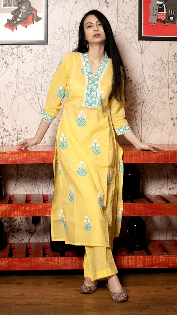 Ruh Yellow Hand Block Printed Straight Kurta with Lace Finish