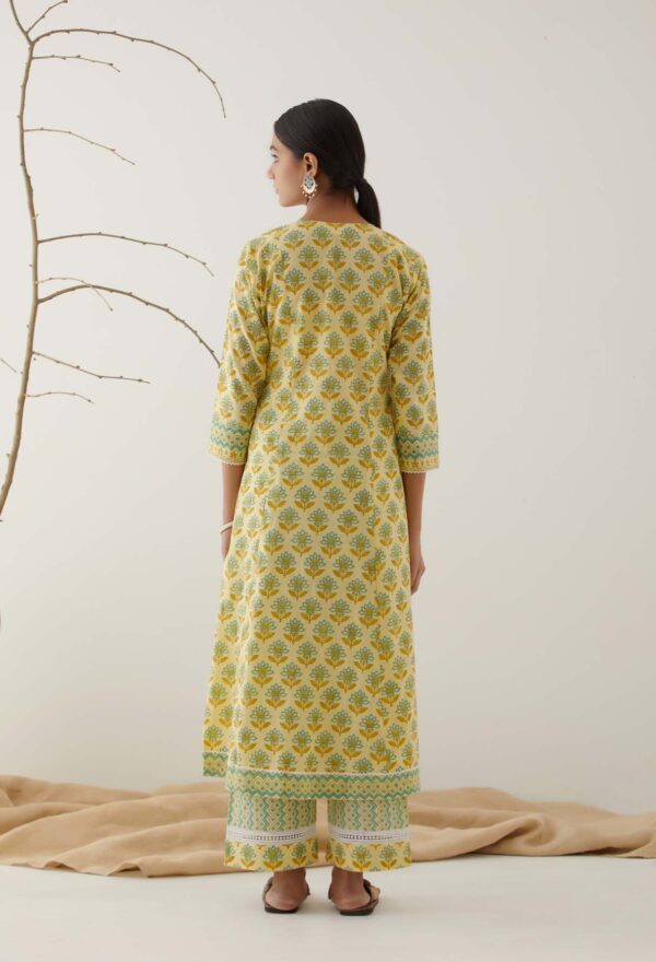 Gulal Yellow Handblock Printed Gathered Kurta with Lace Finish