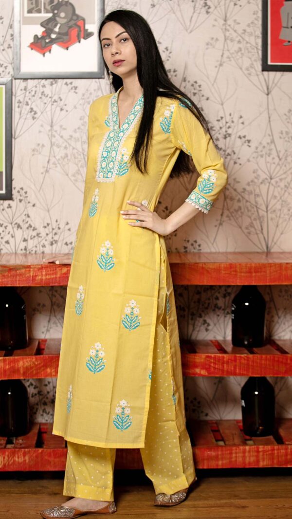 Ruh Yellow Hand Block Printed Straight Kurta with Lace Finish