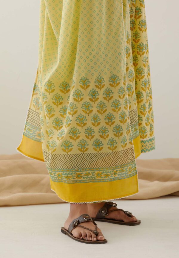 Gulal Yellow Handblock Printed Gathered Kurta with Lace Finish