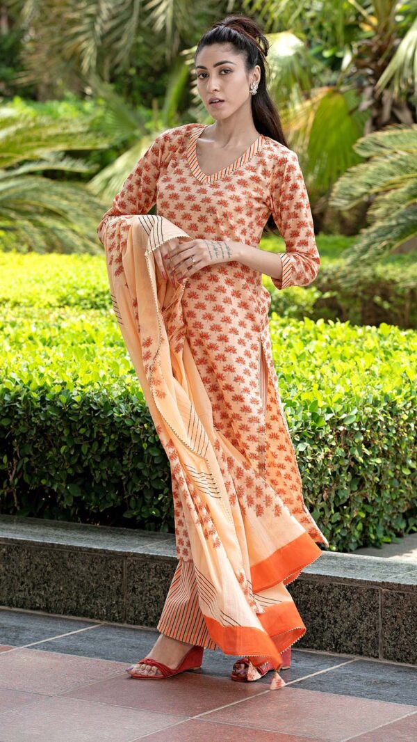 Bahar Orange Hand Block Printed Straight Kurta with Gotta Lace Work and Strip Plazzo