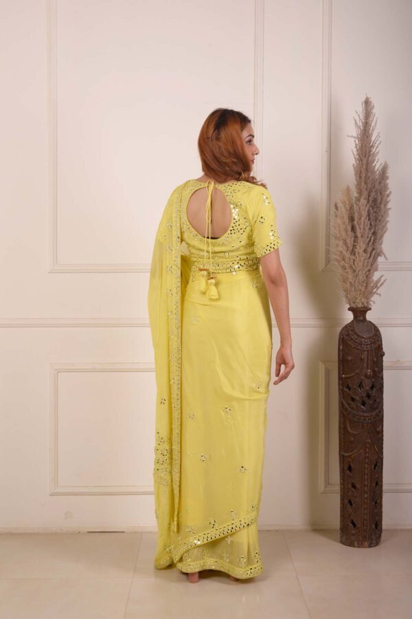 RIMJHIM YELLOW MIRROR EMBROIDERY BLOUSE AND READY TO WEARE SAREE SET OF 2