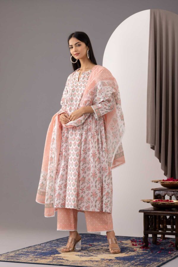 PHAGUN OLD ROSE PINK BLOCK PRINTED COTTON CAMBRIC A-LINE KURTA WITH PLAZZO SET OF 3