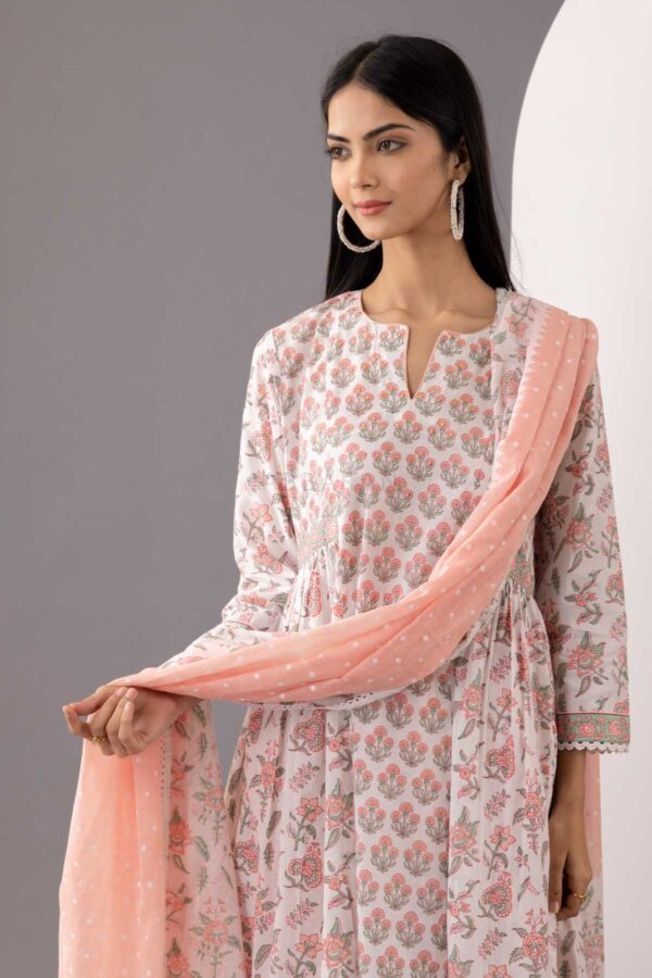 PHAGUN OLD ROSE PINK BLOCK PRINTED COTTON CAMBRIC A-LINE KURTA WITH PLAZZO SET OF 3