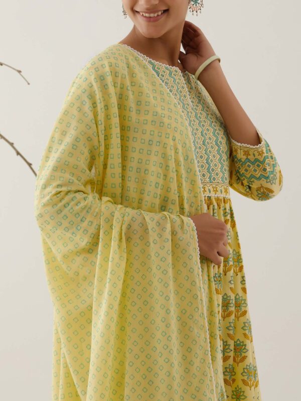 Gulal Yellow Handblock Printed Gathered Kurta with Lace Finish