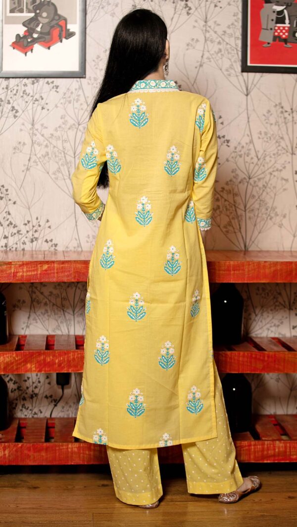 Ruh Yellow Hand Block Printed Straight Kurta with Lace Finish