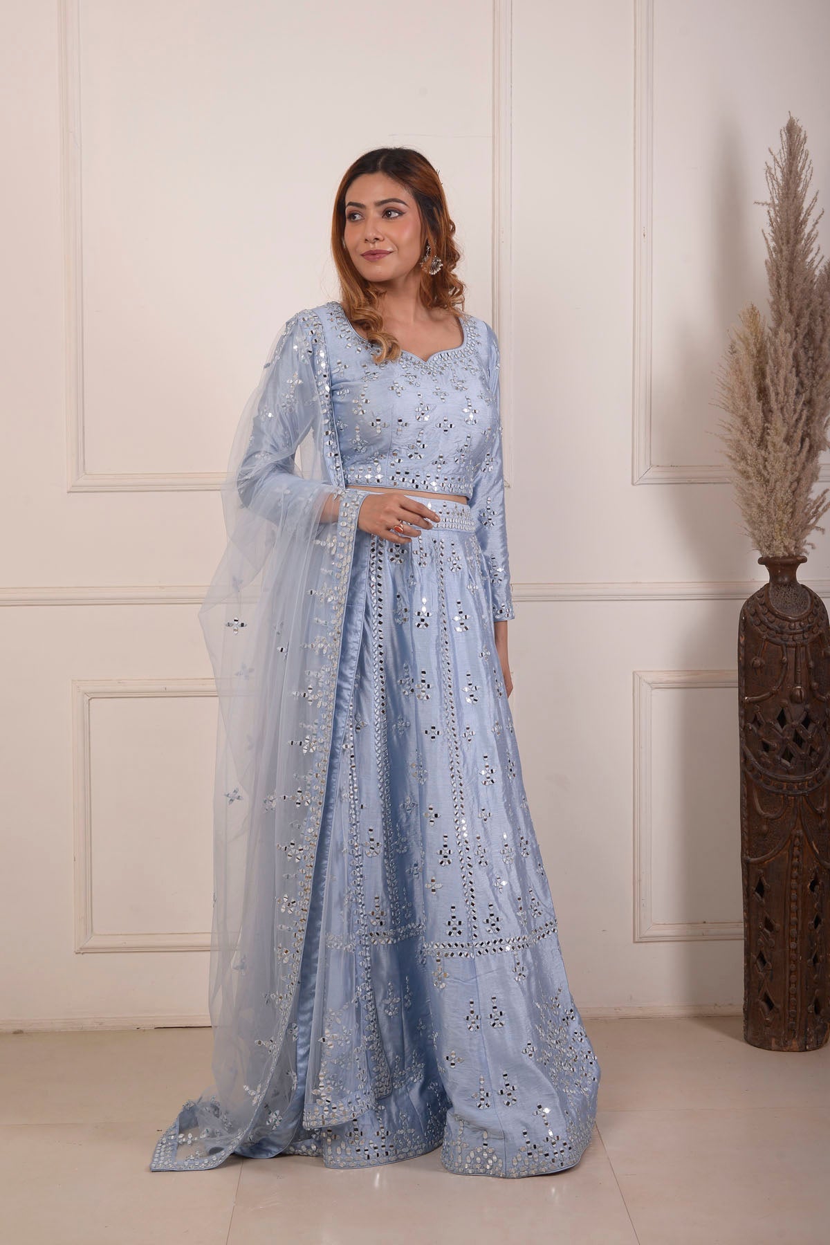 Rimjhim Powder Blue Mirror Embroidery Choli And Lehenga With Dupatta