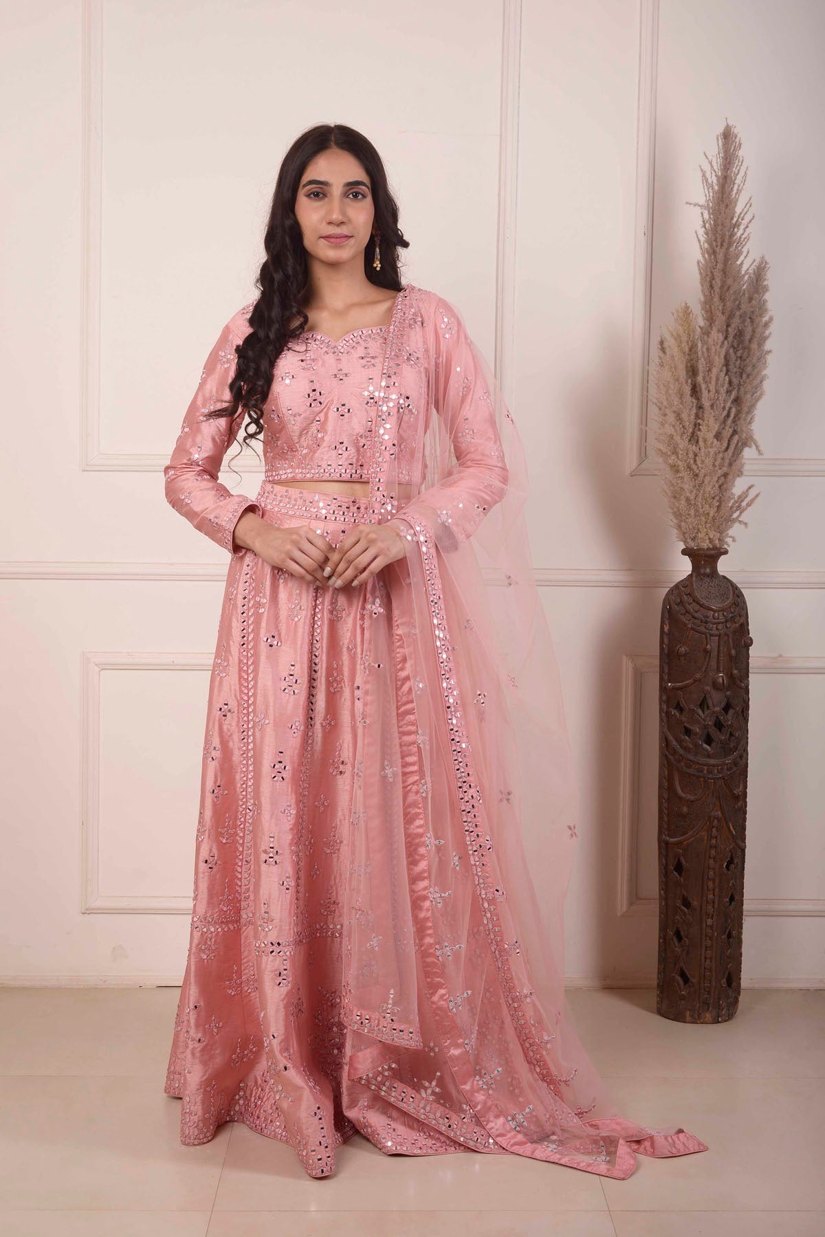 Rimjhim Peach Mirror Embroidery Choli And Lehenga With Dupatta