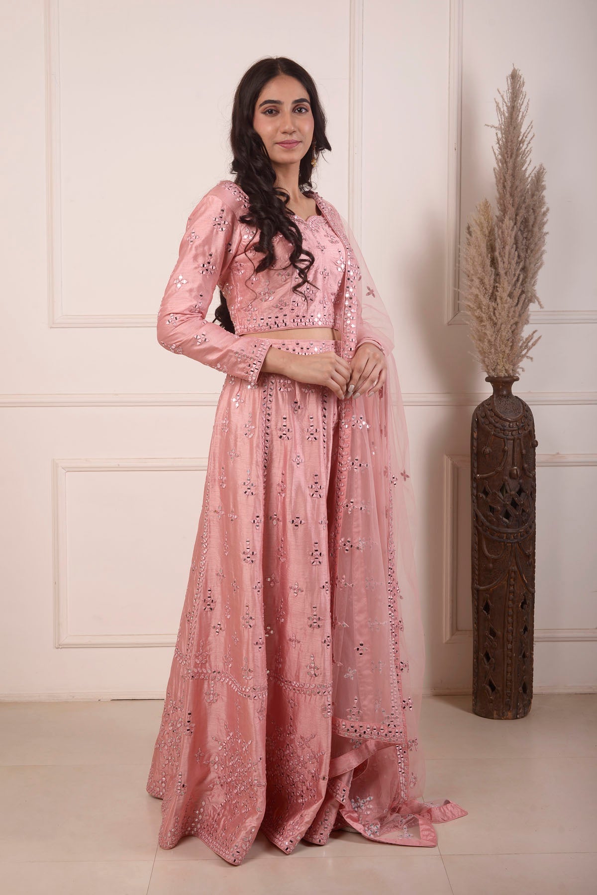 Rimjhim Peach Mirror Embroidery Choli And Lehenga With Dupatta