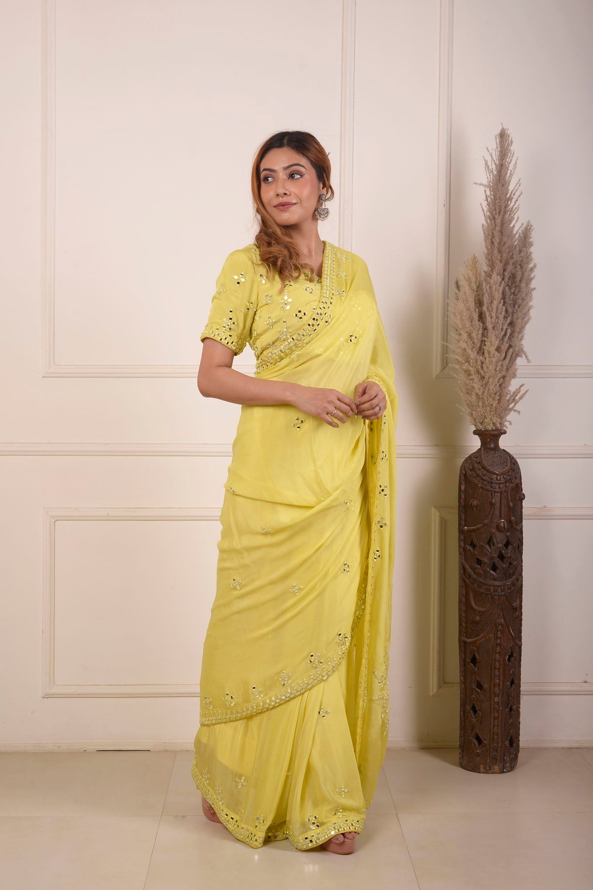 Rimjhim Yellow Mirror Embroidery Blouse And Ready To Weare Saree Set Of 2