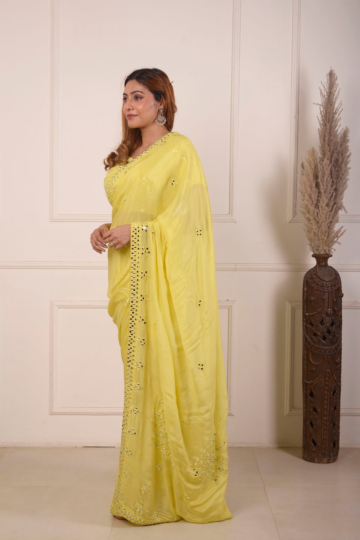 Rimjhim Yellow Mirror Embroidery Blouse And Ready To Weare Saree Set Of 2