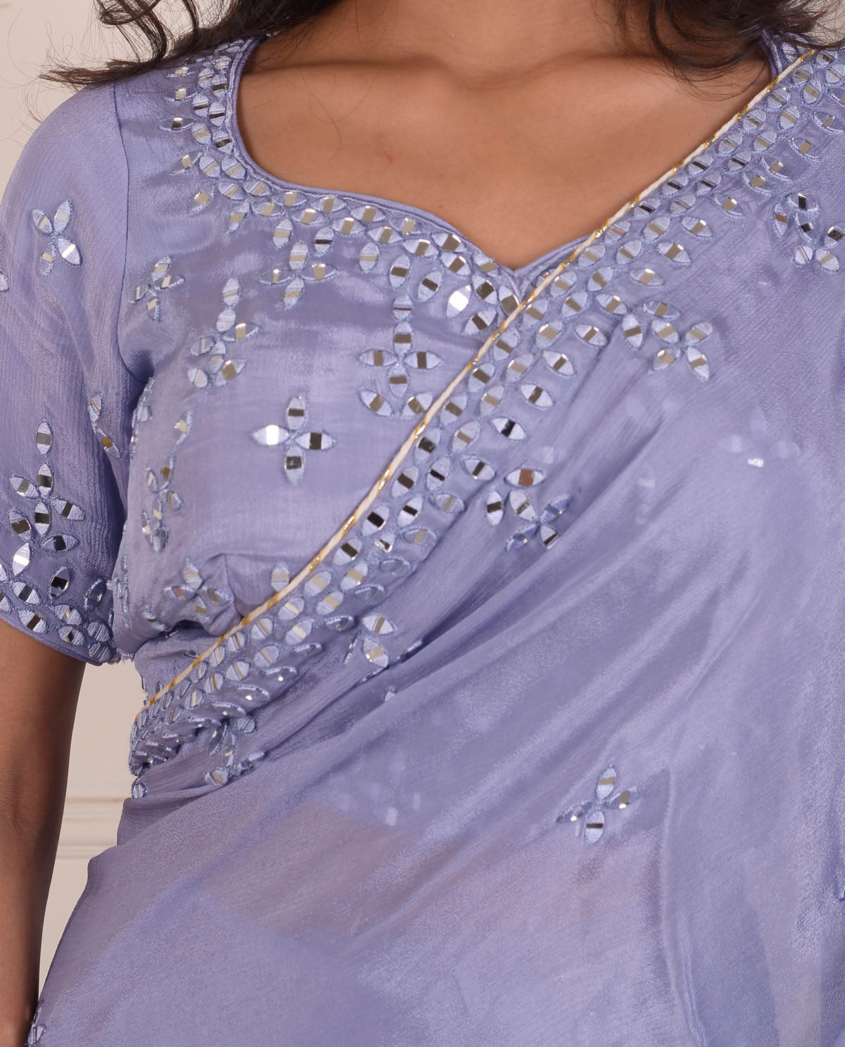 Rimjhim Powder Blue Mirror Embroidery Blouse And Ready To Weare Saree Set Of 2