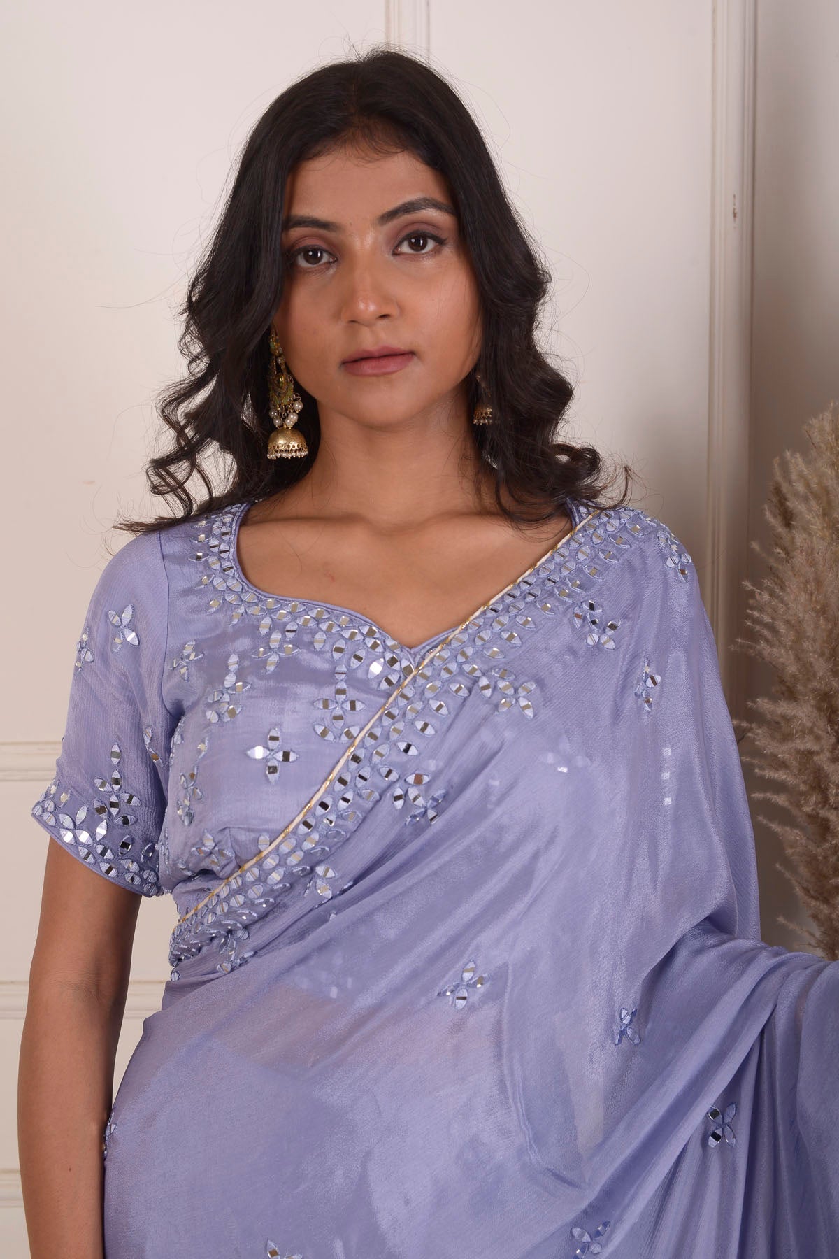 Rimjhim Powder Blue Mirror Embroidery Blouse And Ready To Weare Saree Set Of 2