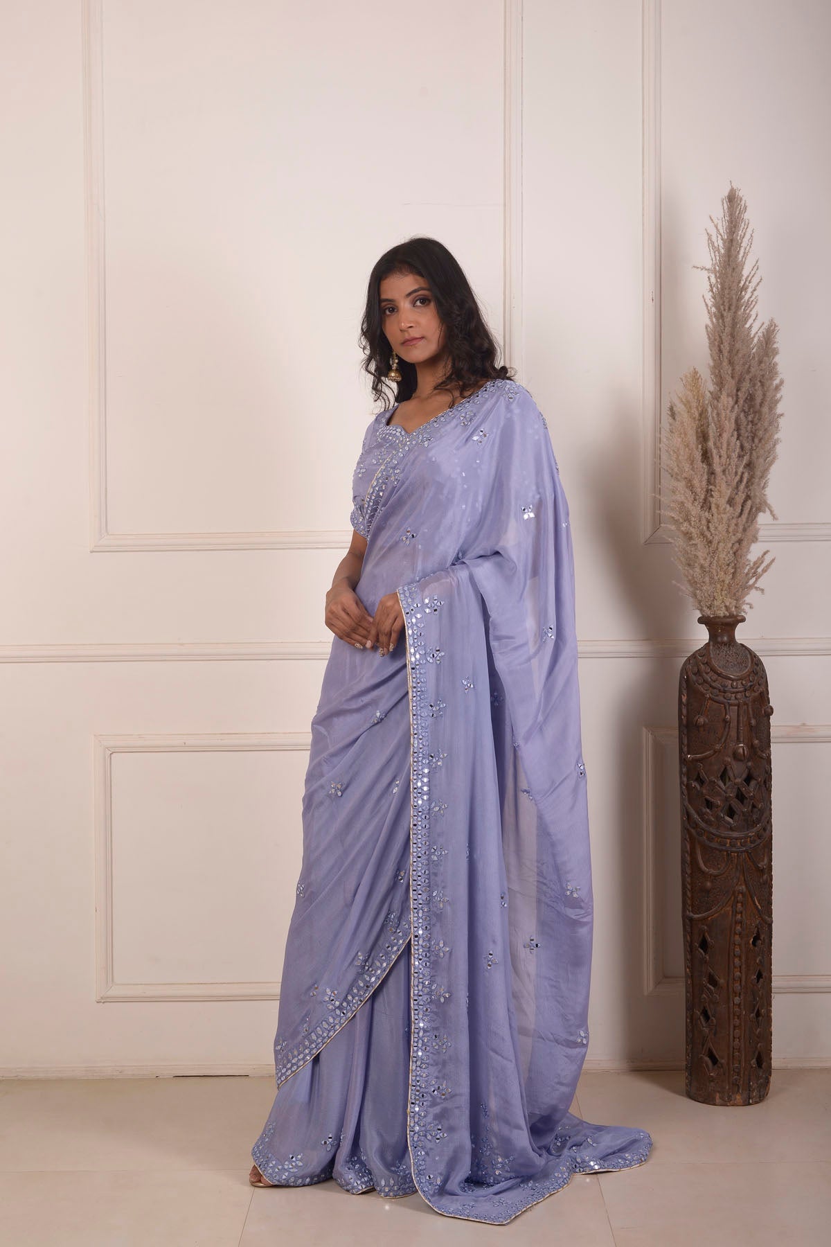 Rimjhim Powder Blue Mirror Embroidery Blouse And Ready To Weare Saree Set Of 2