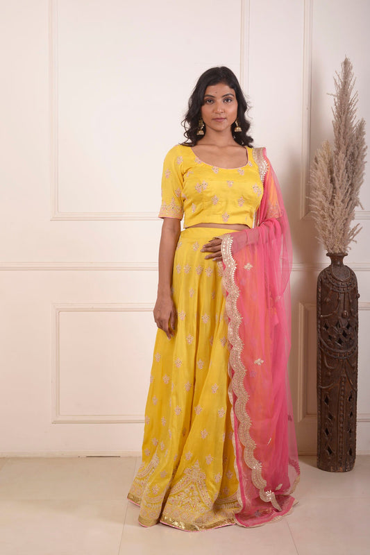 Rimjhim Yellow Dori Embroidery Choli And Lehenga With Contrast Dupatta