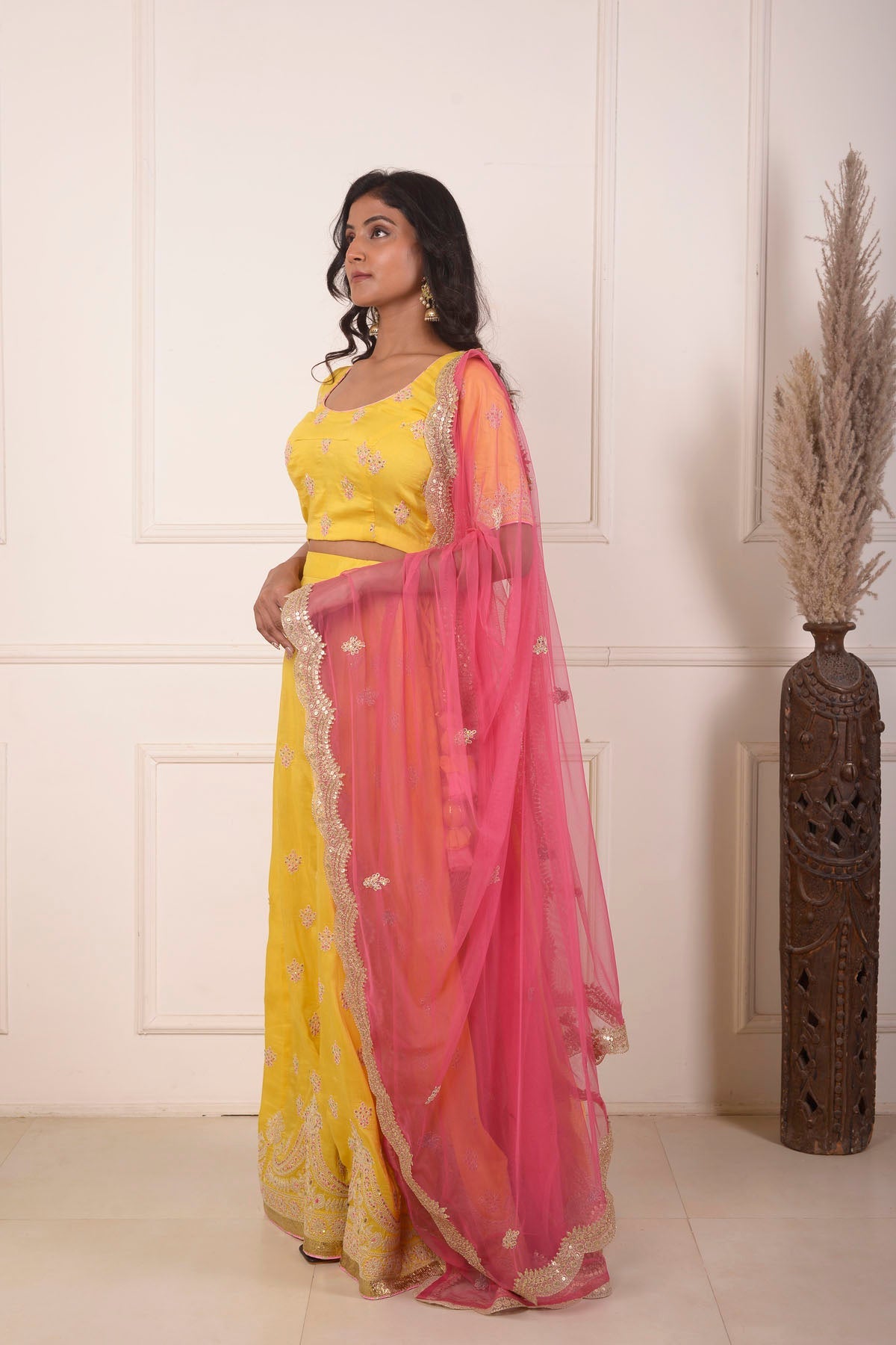 Rimjhim Yellow Dori Embroidery Choli And Lehenga With Contrast Dupatta