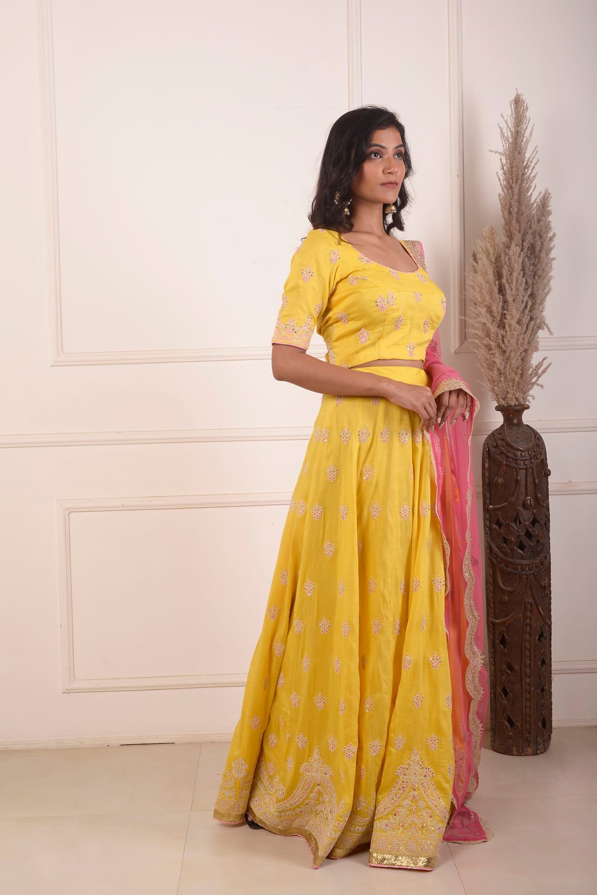 Rimjhim Yellow Dori Embroidery Choli And Lehenga With Contrast Dupatta