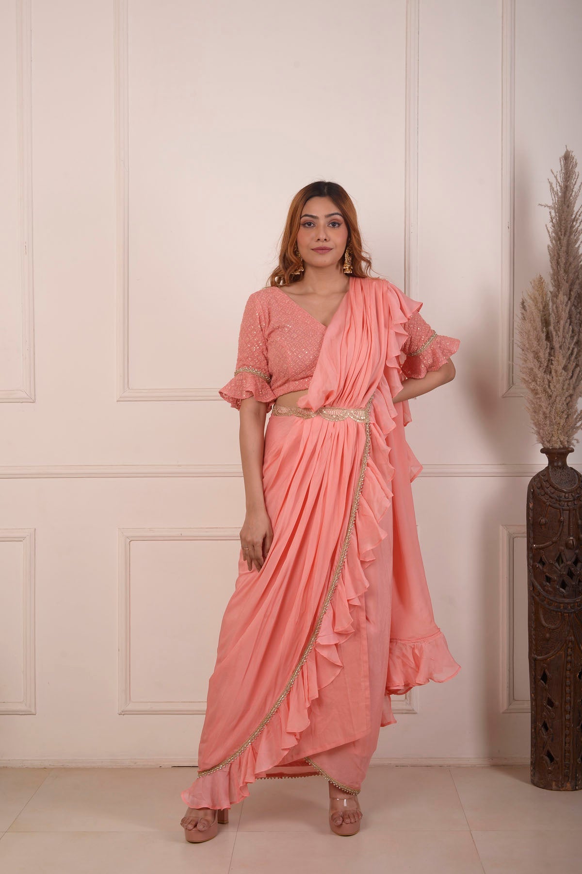 Rimjhim Peach Lucknowbi Work Blouse And Chiffon Ready To Weare Saree Set Of 2