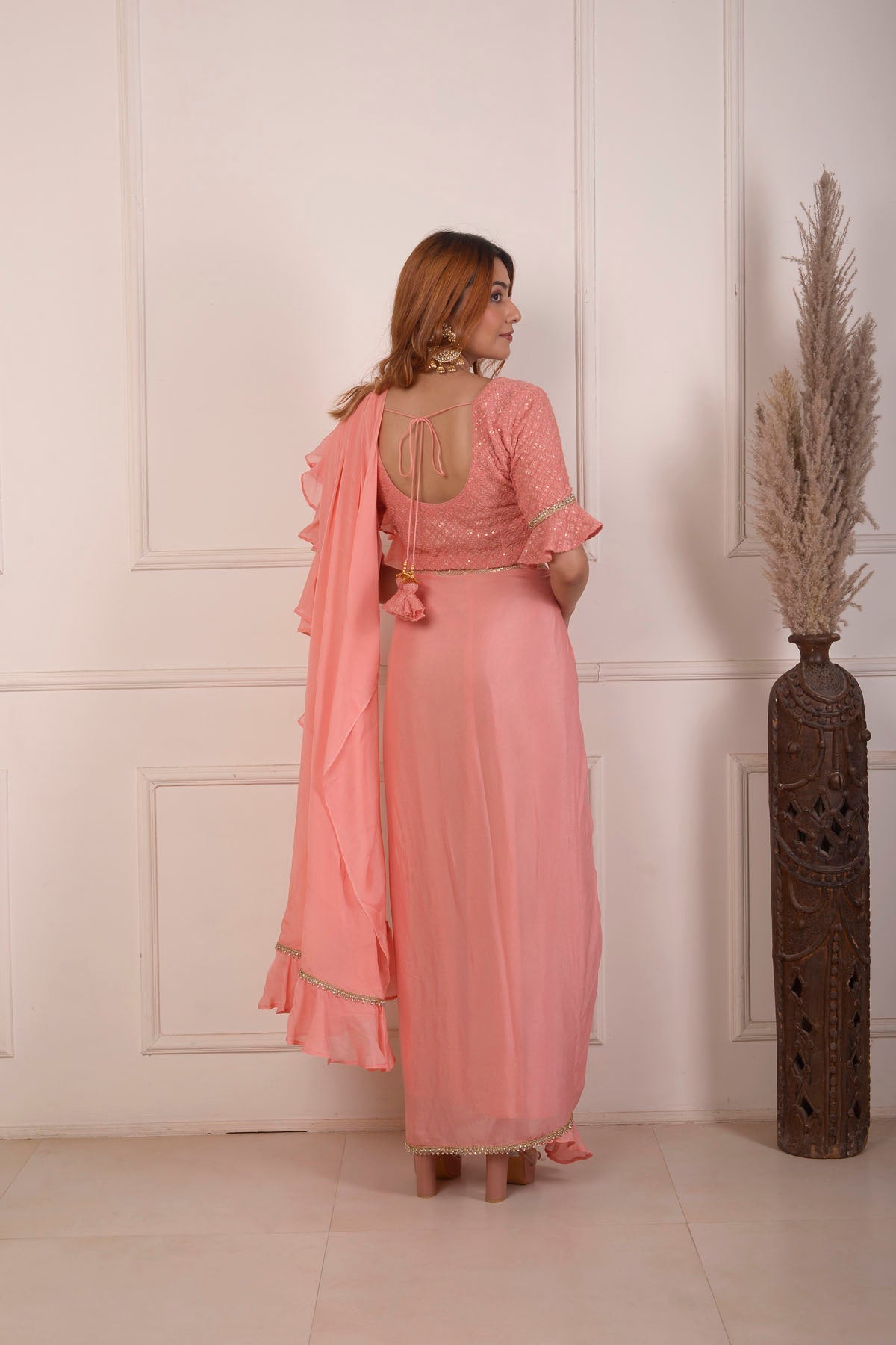 Rimjhim Peach Lucknowbi Work Blouse And Chiffon Ready To Weare Saree Set Of 2