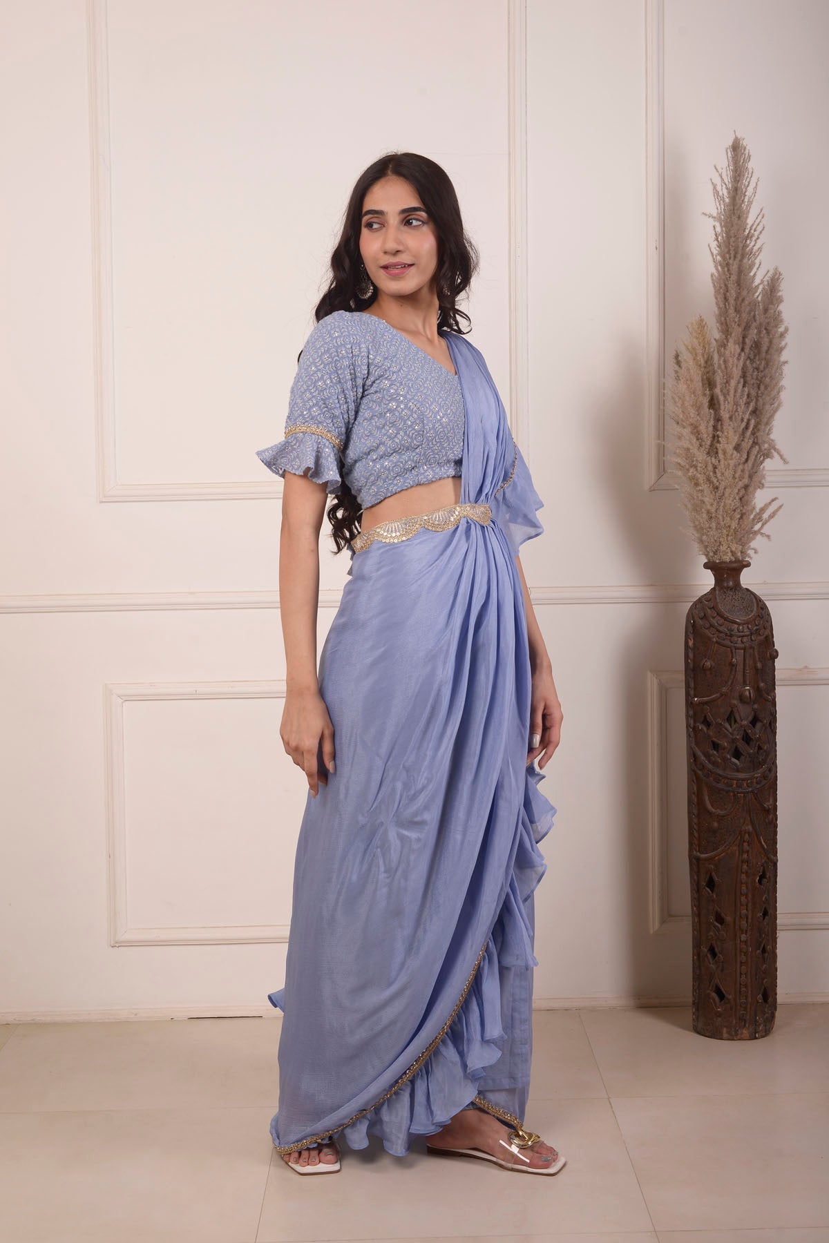 Rimjhim Powder Blue Lucknowbi Work Blouse And Chiffon Ready To Weare Saree Set Of 2