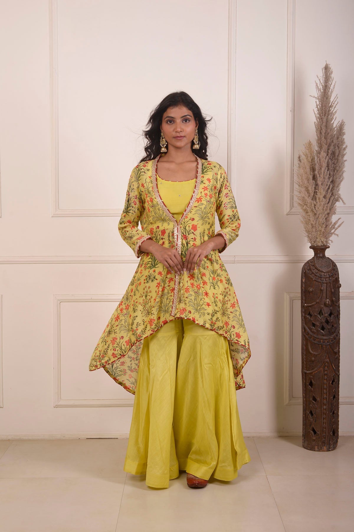 Rimjhim Yellow Mirror Embroidery Work Blouse With Digital Print Jacket And Garara