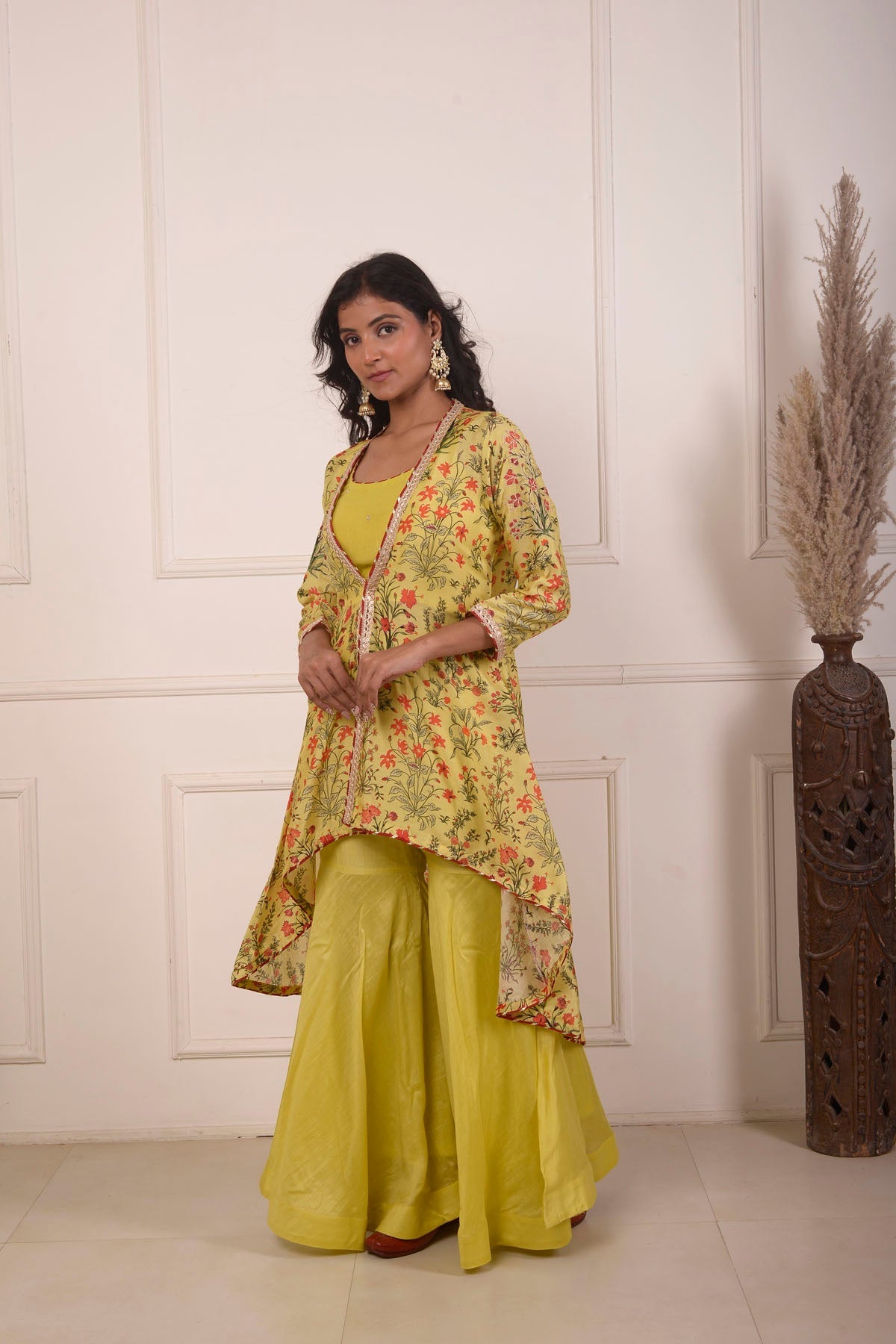 Rimjhim Yellow Mirror Embroidery Work Blouse With Digital Print Jacket And Garara