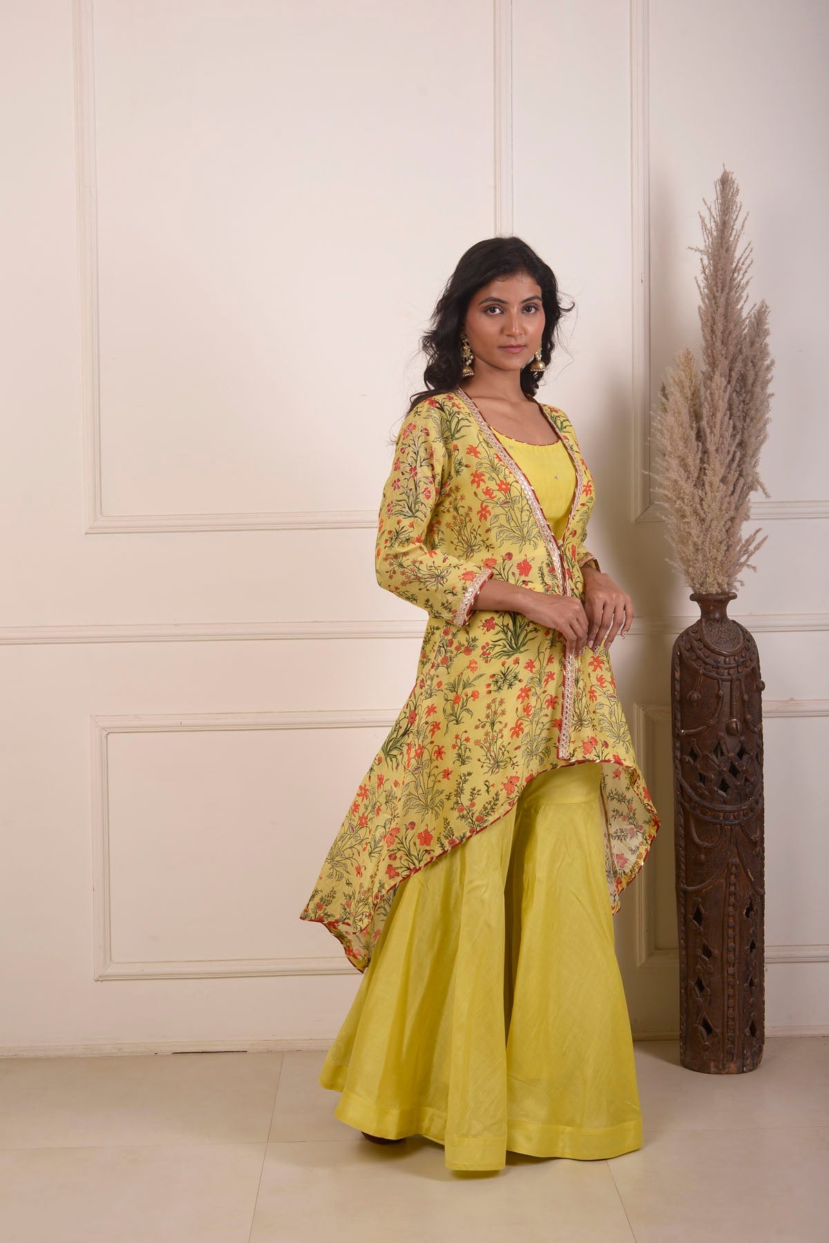 Rimjhim Yellow Mirror Embroidery Work Blouse With Digital Print Jacket And Garara