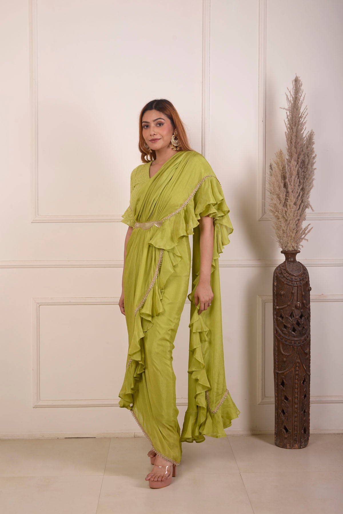 Rimjhim Mehendi Green Lucknowbi Work Blouse And Chiffon Ready To Weare Saree Set Of 2