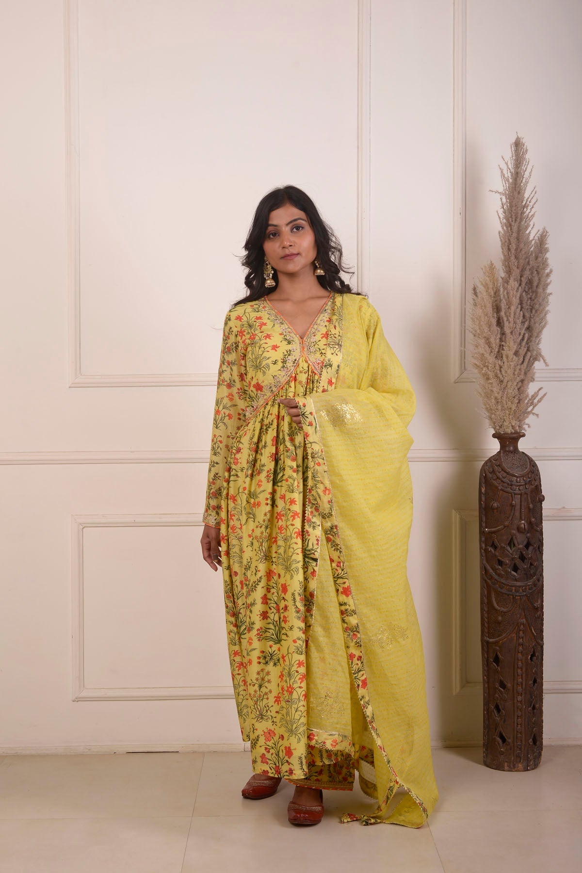 Rimjhim Yellow Digital Print With Aari Embroidery Work Yoke Gathered Kurta With Plazzo And Dupatta