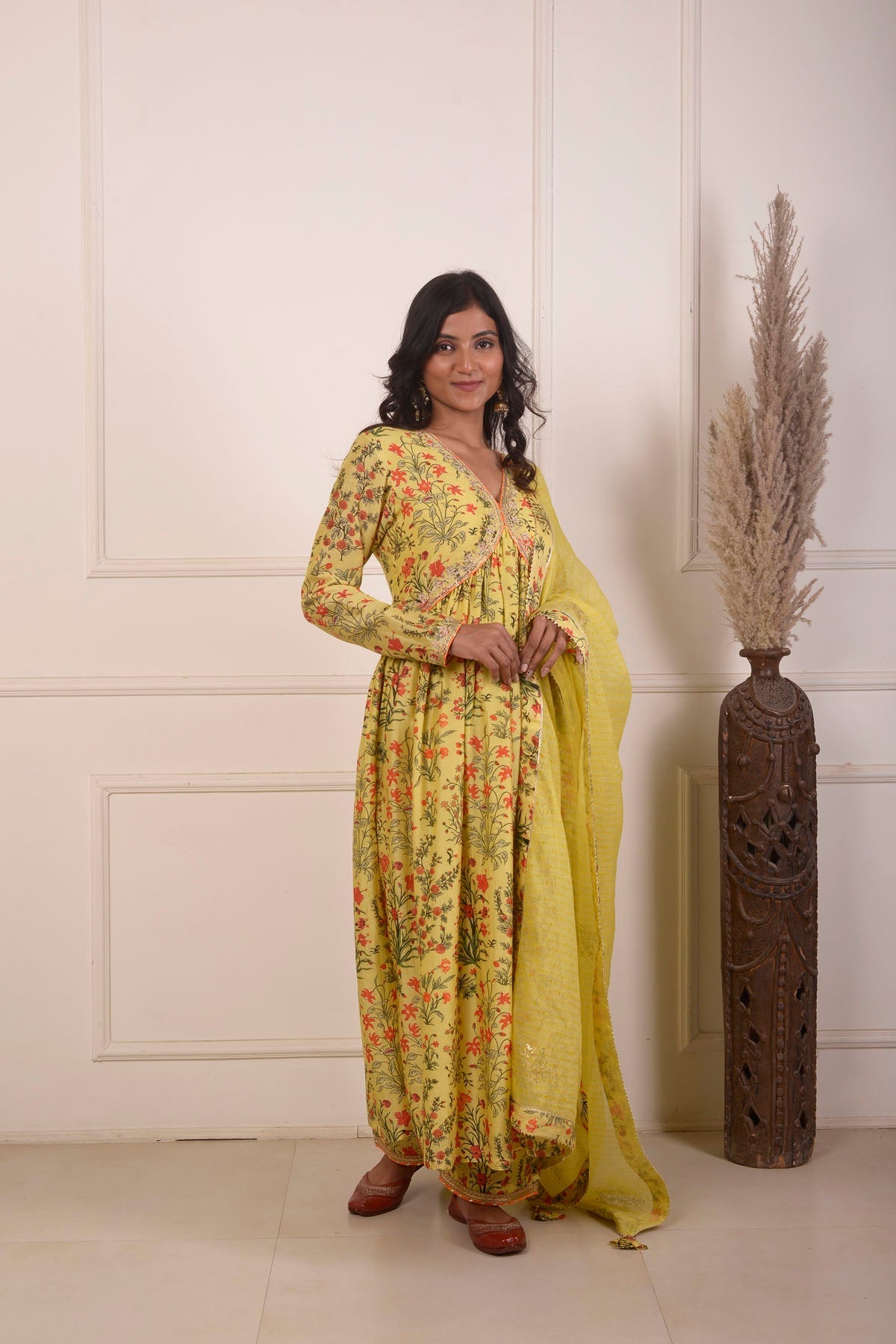 Rimjhim Yellow Digital Print With Aari Embroidery Work Yoke Gathered Kurta With Plazzo And Dupatta