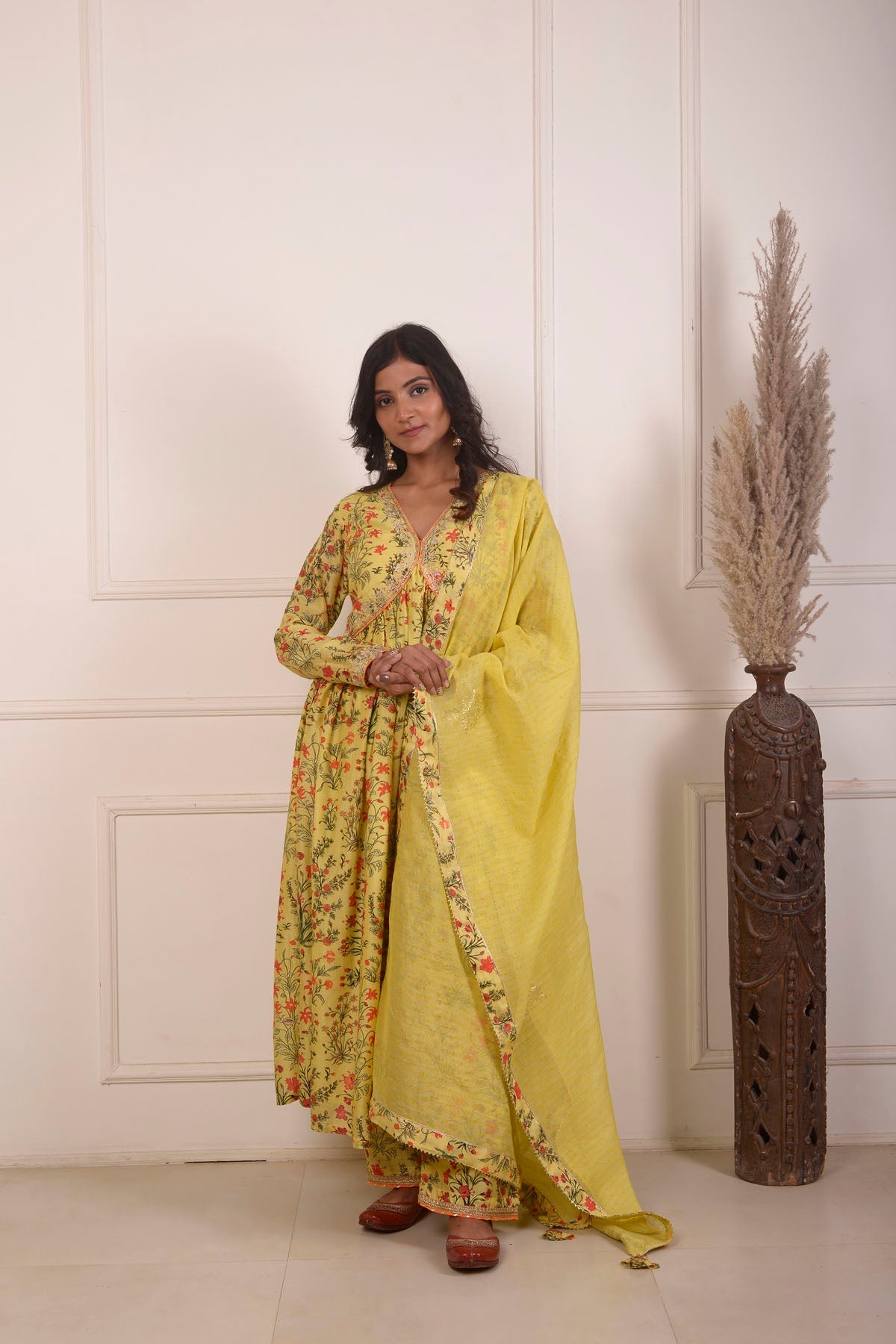 Rimjhim Yellow Digital Print With Aari Embroidery Work Yoke Gathered Kurta With Plazzo And Dupatta