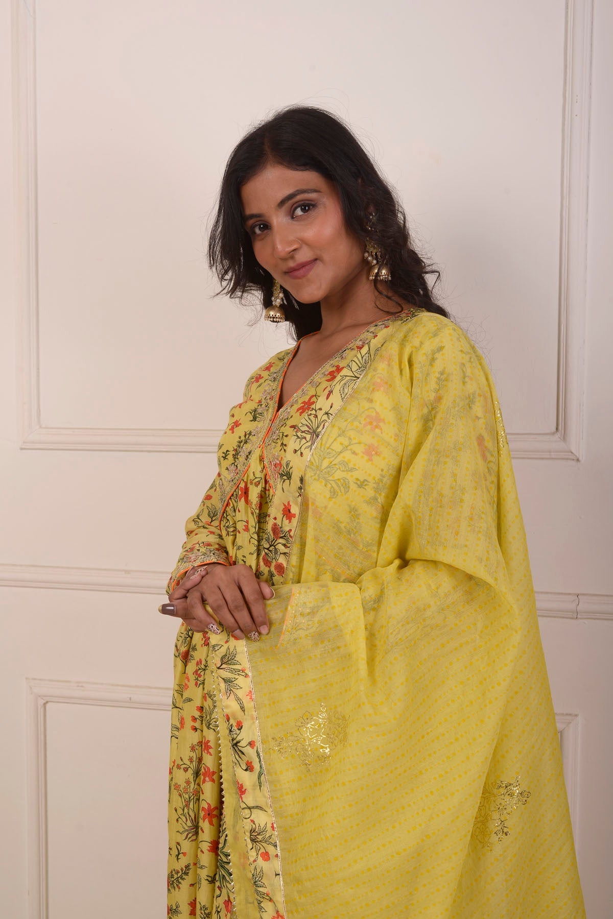 Rimjhim Yellow Digital Print With Aari Embroidery Work Yoke Gathered Kurta With Plazzo And Dupatta