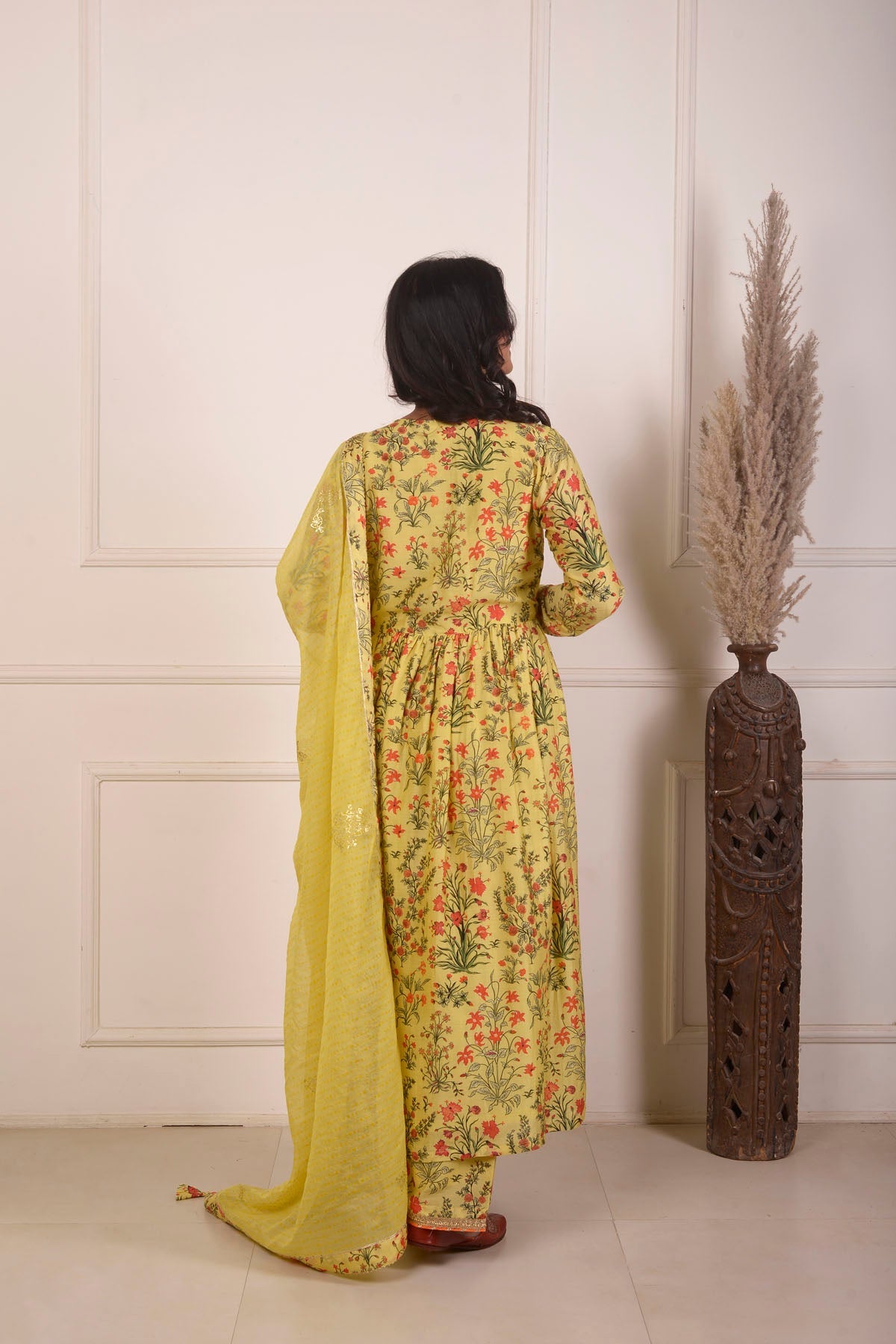 Rimjhim Yellow Digital Print With Aari Embroidery Work Yoke Gathered Kurta With Plazzo And Dupatta