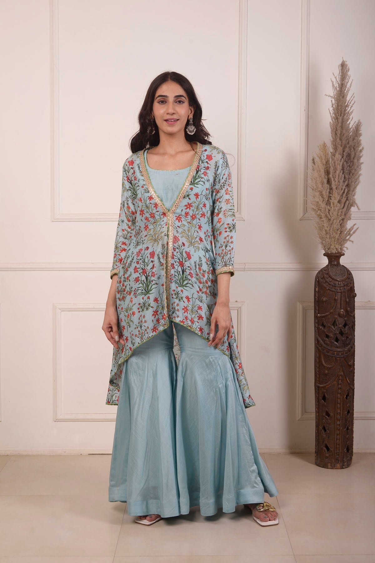 Rimjhim Powder Blue Mirror Embroidery Work Blouse With Digital Print Jacket And Garara