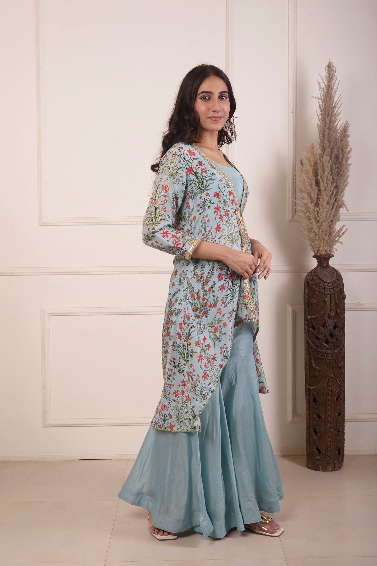 Rimjhim Powder Blue Mirror Embroidery Work Blouse With Digital Print Jacket And Garara