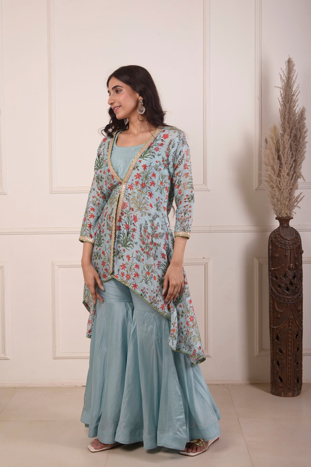 Rimjhim Powder Blue Mirror Embroidery Work Blouse With Digital Print Jacket And Garara