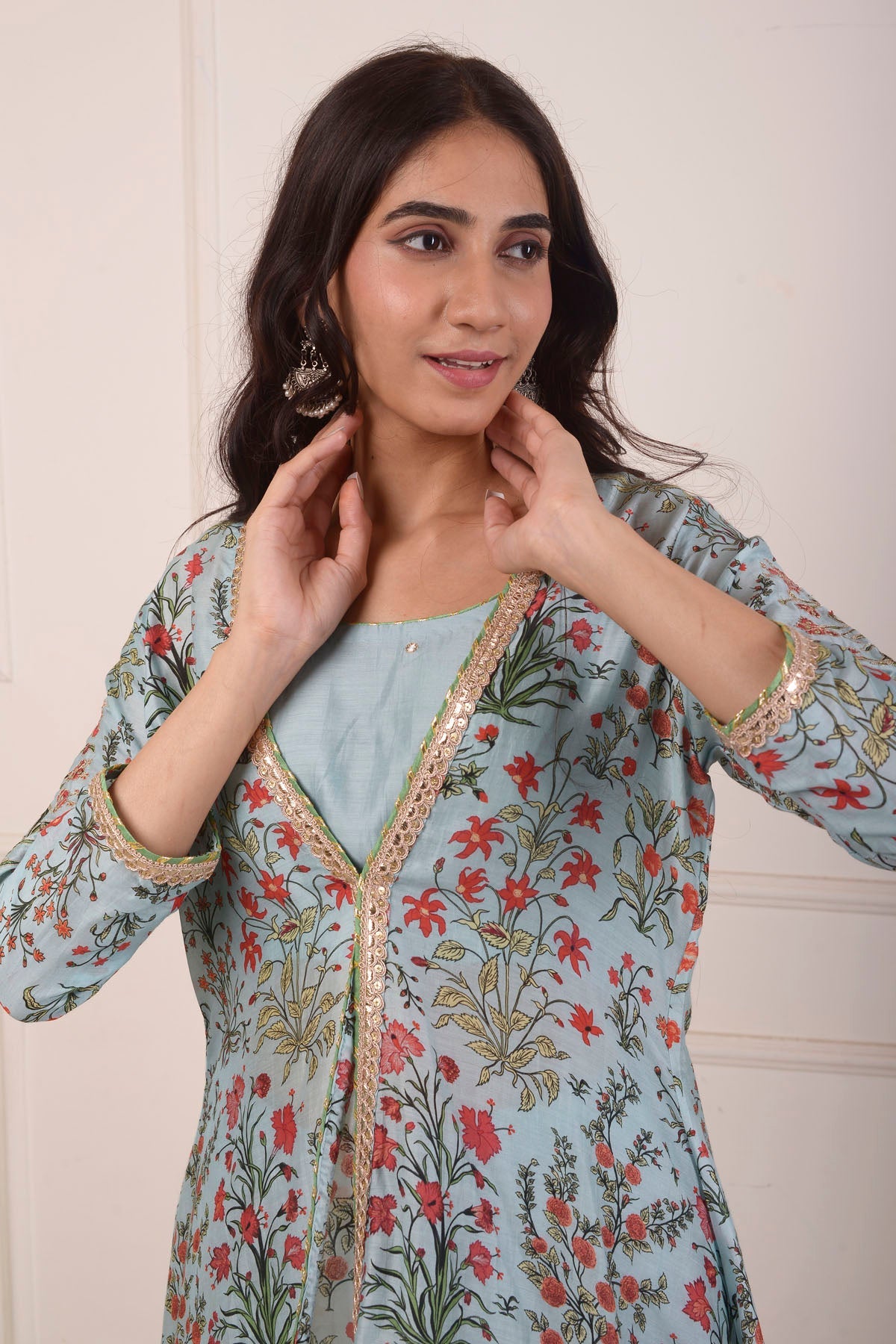 Rimjhim Powder Blue Mirror Embroidery Work Blouse With Digital Print Jacket And Garara