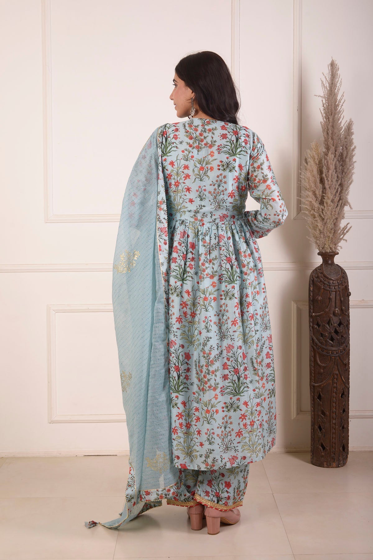 Rimjhim Powder Blue Digital Print With Aari Embroidery Work Yoke Gathered Kurta With Plazzo And Dupatta