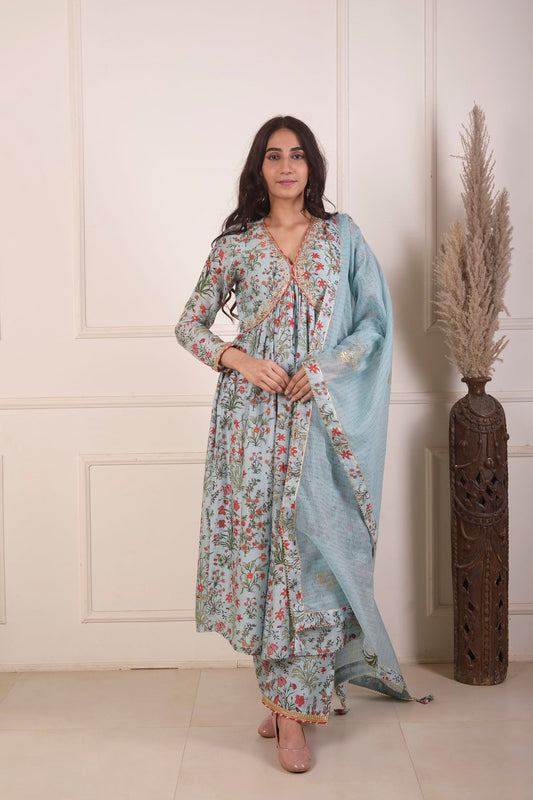 Rimjhim Powder Blue Digital Print With Aari Embroidery Work Yoke Gathered Kurta With Plazzo And Dupatta