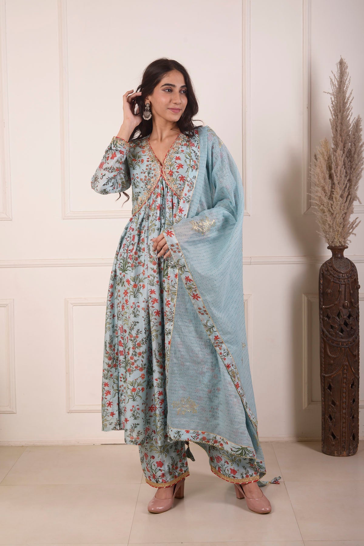 Rimjhim Powder Blue Digital Print With Aari Embroidery Work Yoke Gathered Kurta With Plazzo And Dupatta