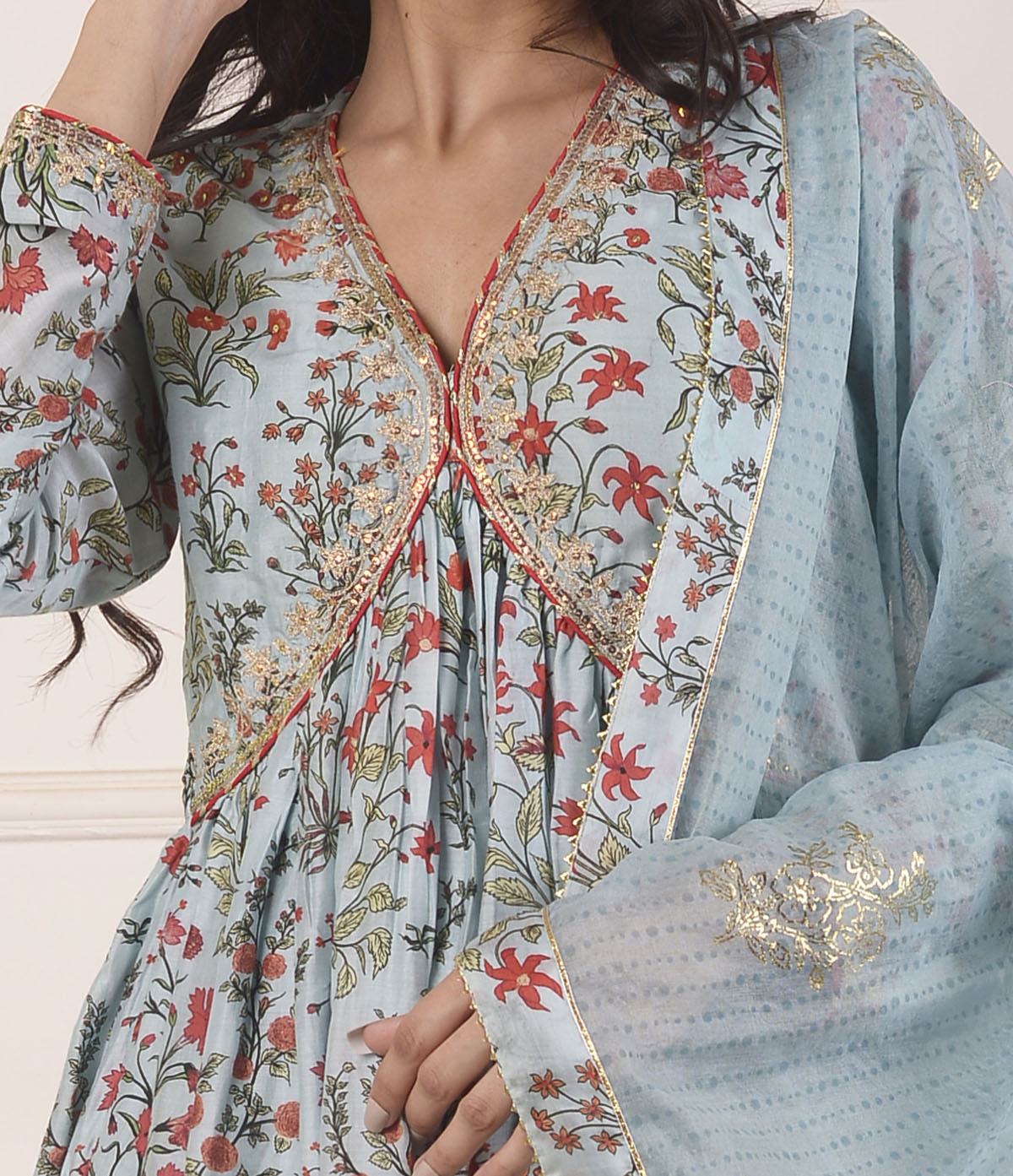 Rimjhim Powder Blue Digital Print With Aari Embroidery Work Yoke Gathered Kurta With Plazzo And Dupatta