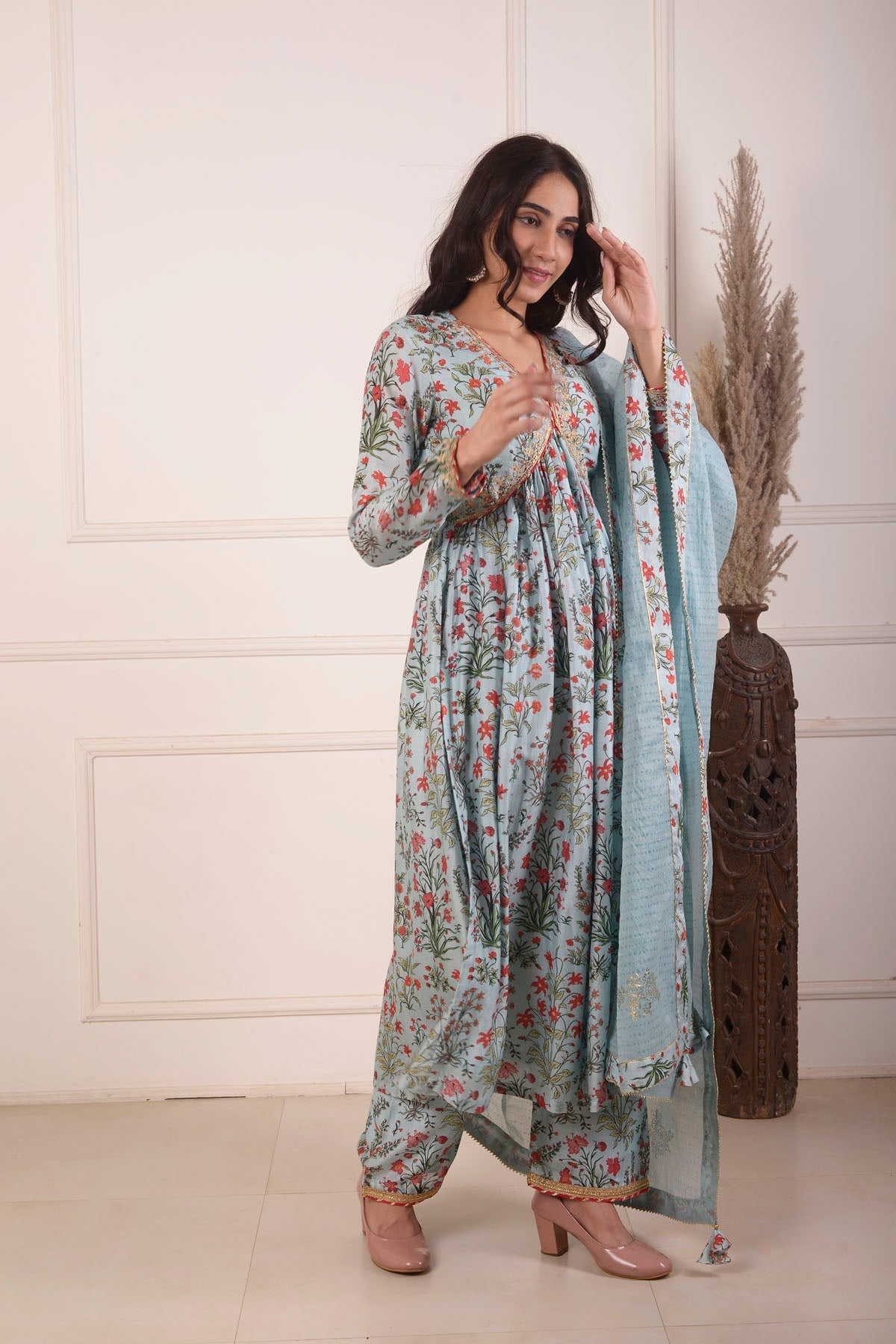 Rimjhim Powder Blue Digital Print With Aari Embroidery Work Yoke Gathered Kurta With Plazzo And Dupatta