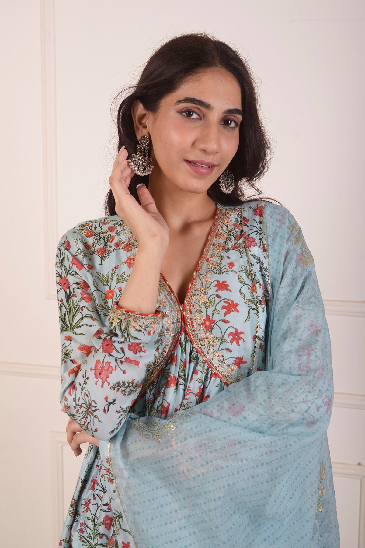 Rimjhim Powder Blue Digital Print With Aari Embroidery Work Yoke Gathered Kurta With Plazzo And Dupatta