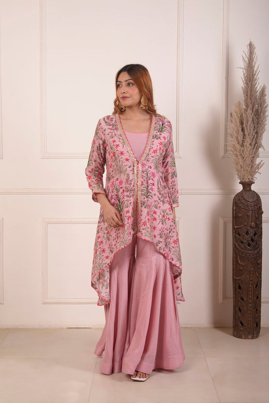 Rimjhim Peach Mirror Embroidery Work Blouse With Digital Print Jacket And Garara