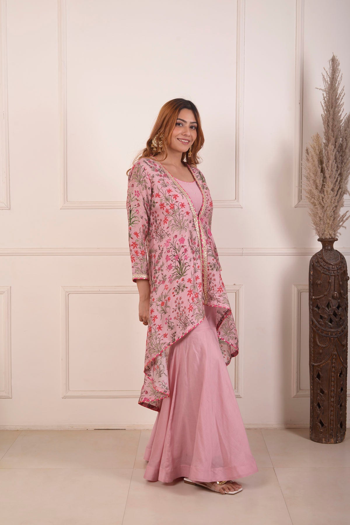 Rimjhim Peach Mirror Embroidery Work Blouse With Digital Print Jacket And Garara