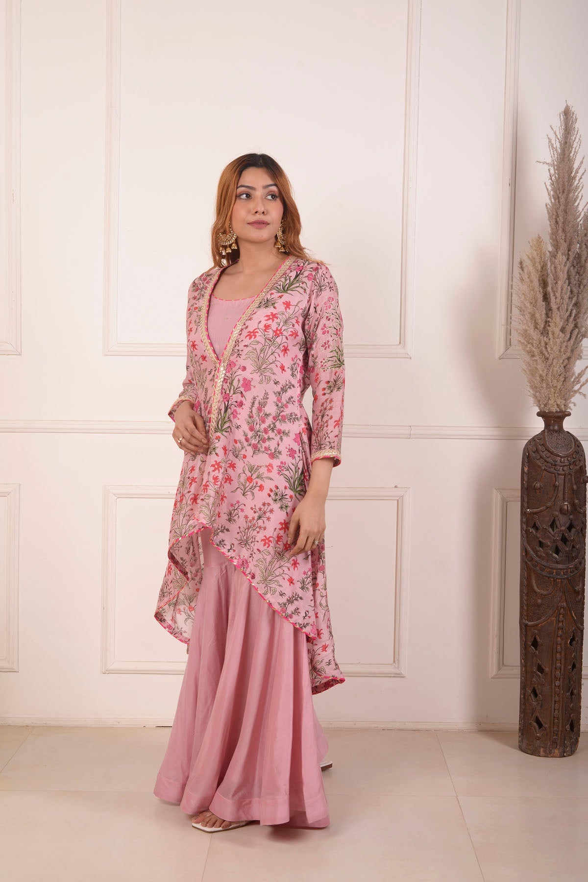 Rimjhim Peach Mirror Embroidery Work Blouse With Digital Print Jacket And Garara