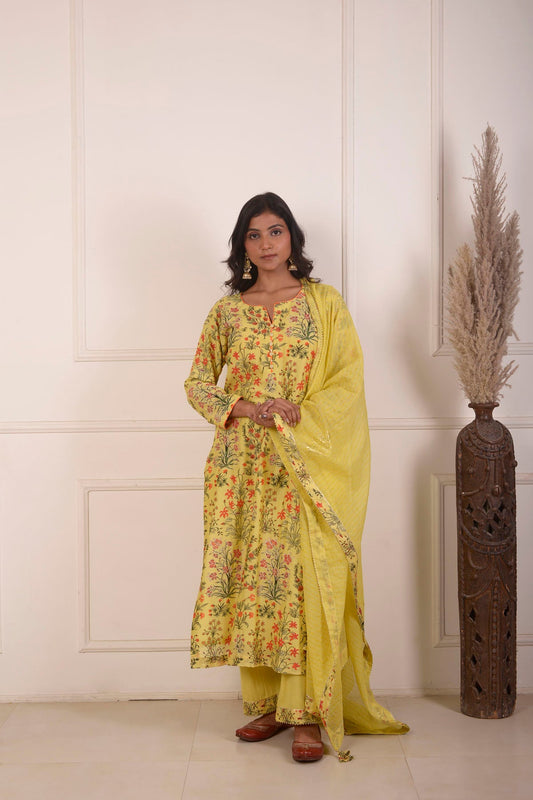 Rimjhim Yellow Digital Print With Aari Embroidery Work Straight Kurta With Plazzo And Dupatta