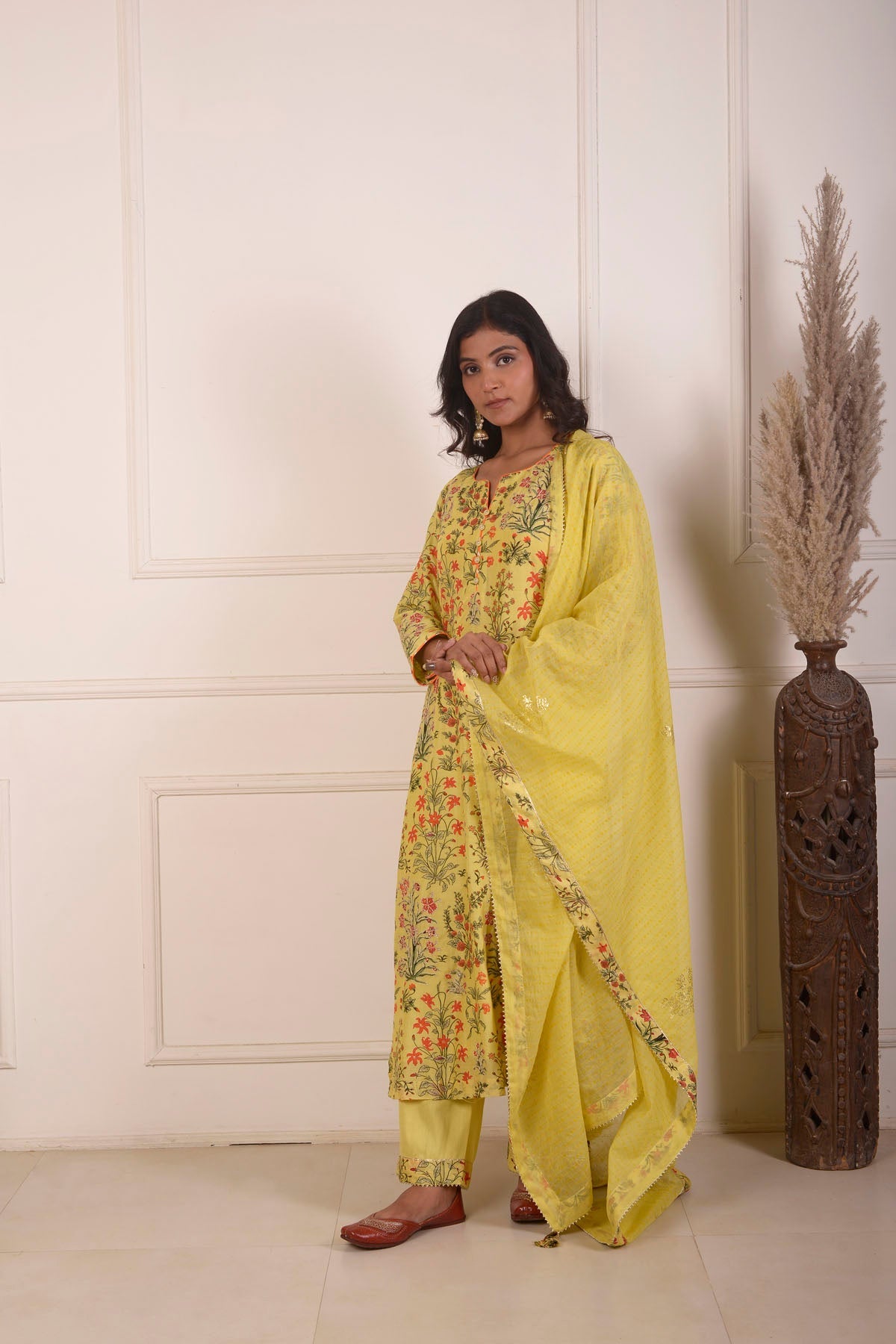 Rimjhim Yellow Digital Print With Aari Embroidery Work Straight Kurta With Plazzo And Dupatta