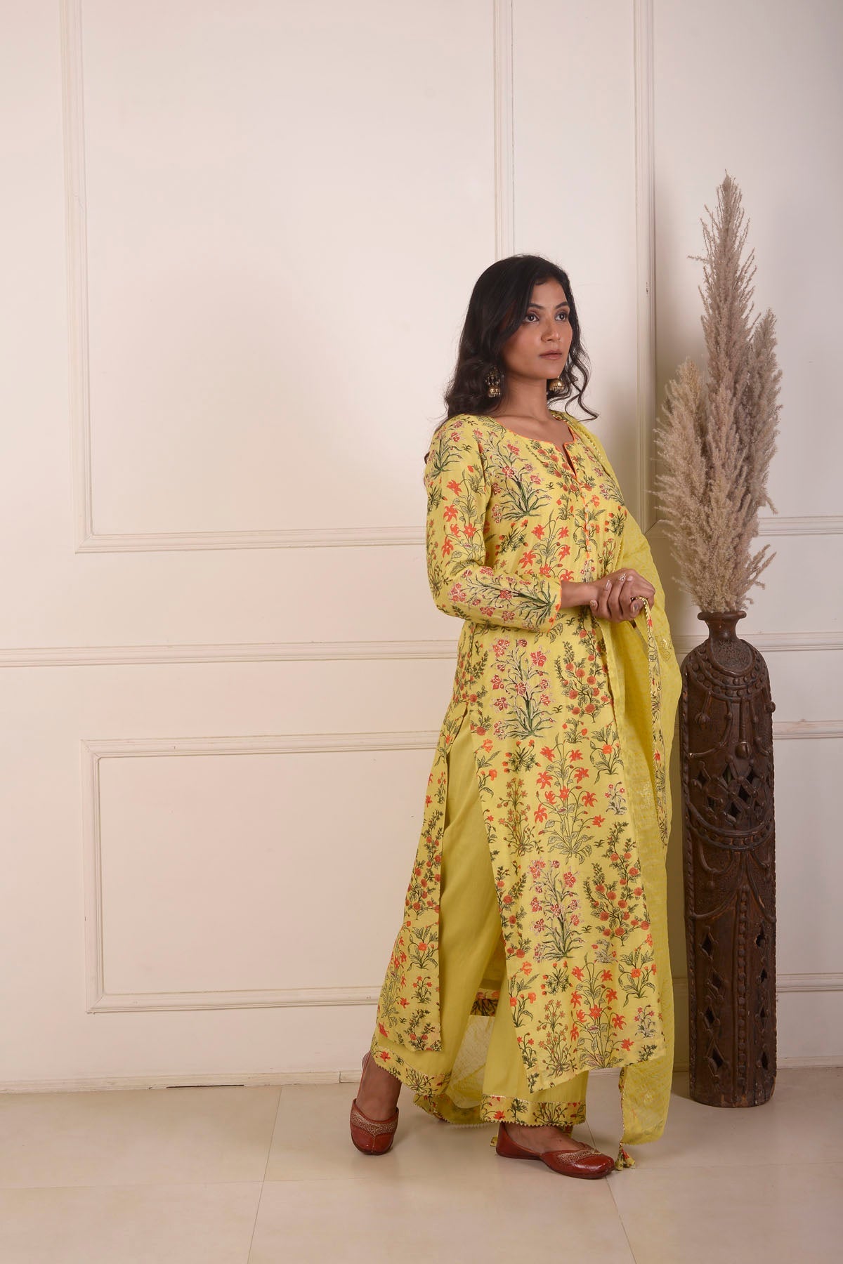 Rimjhim Yellow Digital Print With Aari Embroidery Work Straight Kurta With Plazzo And Dupatta