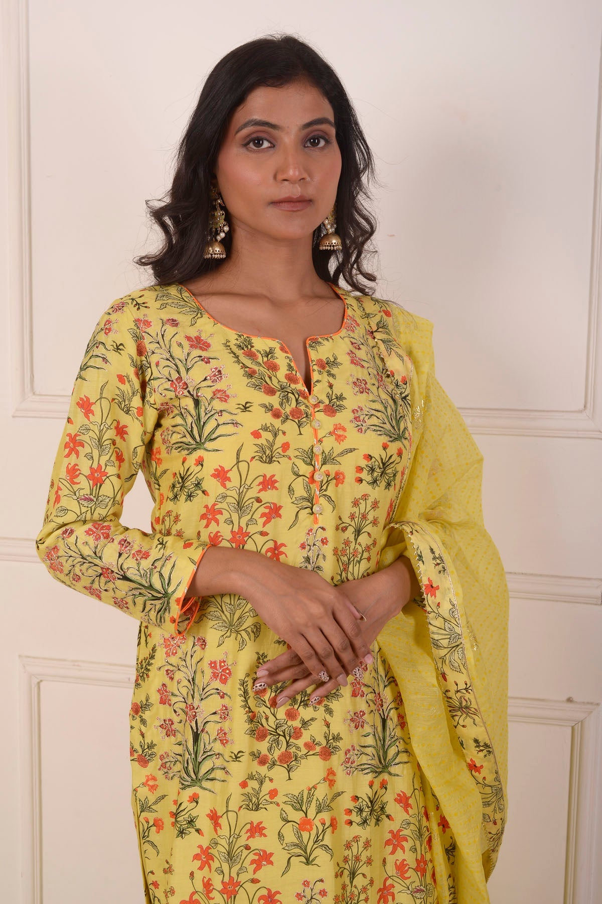 Rimjhim Yellow Digital Print With Aari Embroidery Work Straight Kurta With Plazzo And Dupatta